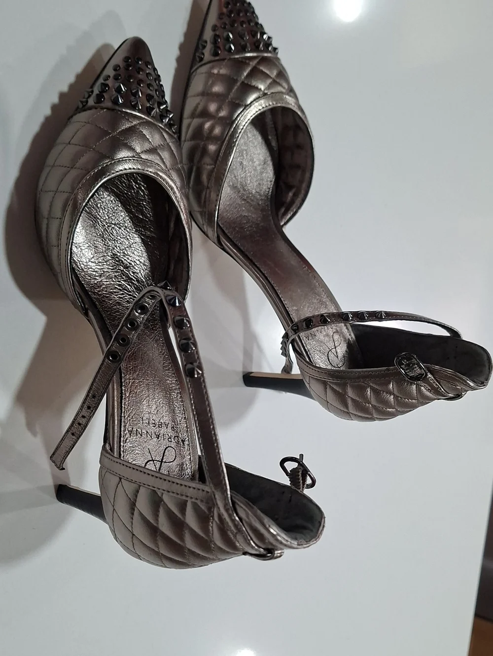 Metallic Quilted Pointed-Toe D'Orsay Heels with Studded Toe